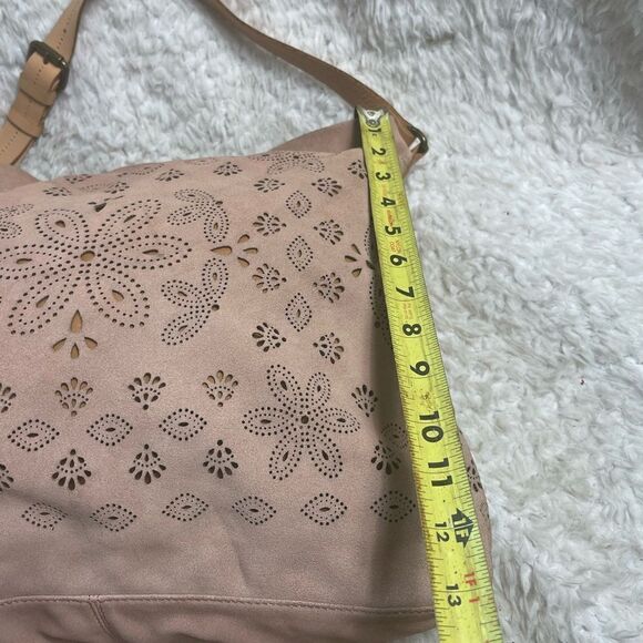 Anthropologie Miss Albright laser cut leather suede blush pink large tote bag. main image 9